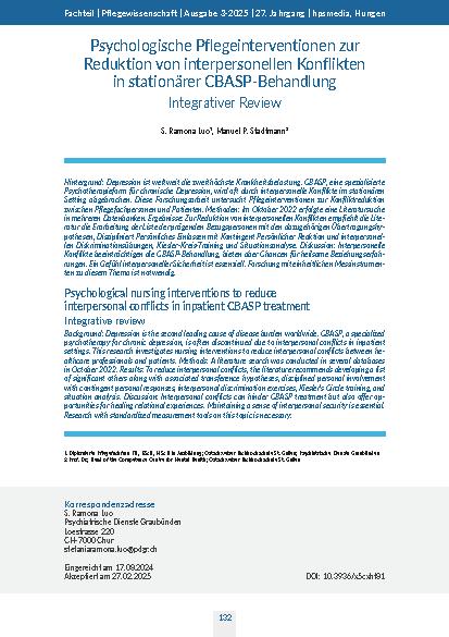 Psychologische Pflegeinterventionen zur Reduktion von interpersonellen Konflikten in stationärer CBASP-Behandlung Integrativer Review