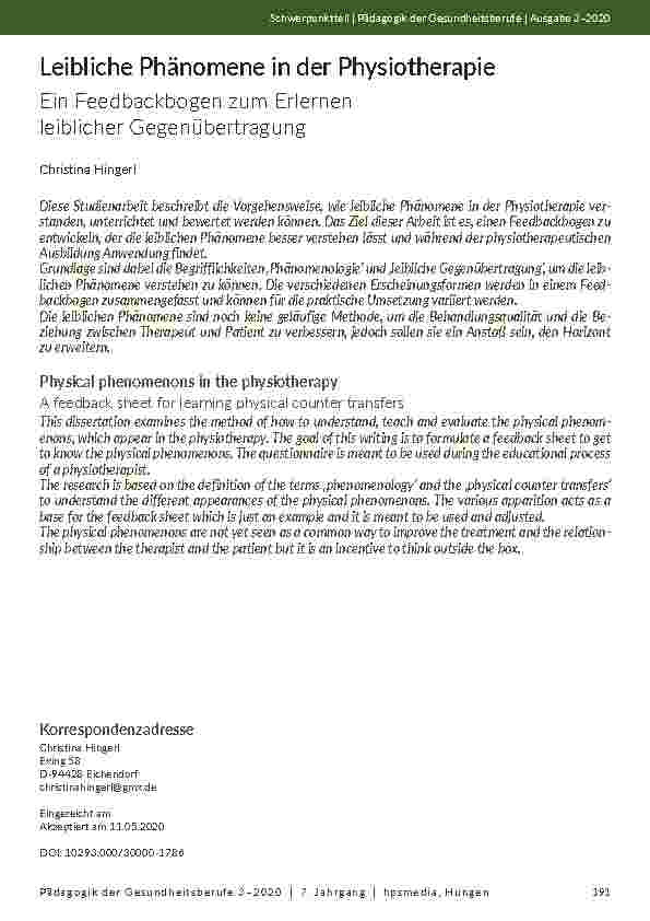 Leibliche Phänomene in der Physiotherapie: Ein Feedbackbogen zum Erlernen leiblicher Gegenübertragung