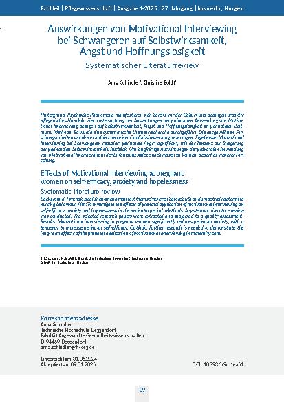 Auswirkungen von Motivational Interviewing bei Schwangeren auf Selbstwirksamkeit, Angst und Hoffnungslosigkeit Systematischer Literaturreview