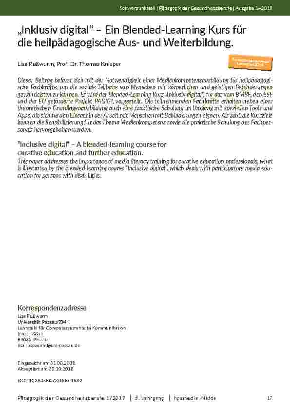 „Inklusiv digital“ – Ein Blended-Learning Kurs für die heilpädagogische Ausund Weiterbildung.