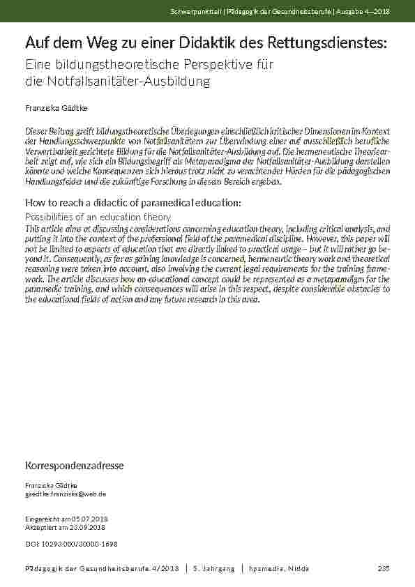 Auf dem Weg zu einer Didaktik des Rettungsdienstes: Eine bildungstheoretische Perspektive für die Notfallsanitäter-Ausbildung