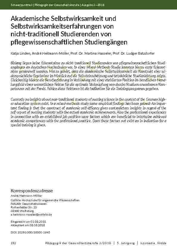 Akademische Selbstwirksamkeit und Selbstwirksamkeitserfahrungen von nicht-traditionell Studierenden von pflegewissenschaftlichen Studiengängen
