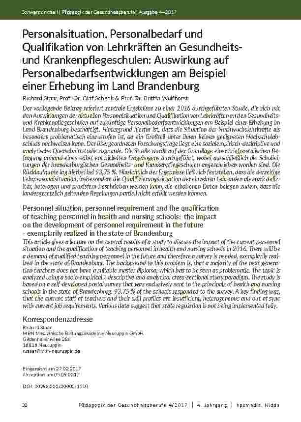 Personalsituation, Personalbedarf und Qualifikation von Lehrkräften an Gesundheitsund Krankenpflegeschulen: Auswirkung auf Personalbedarfsentwicklungen am Beispiel einer Erhebung im Land Brandenburg