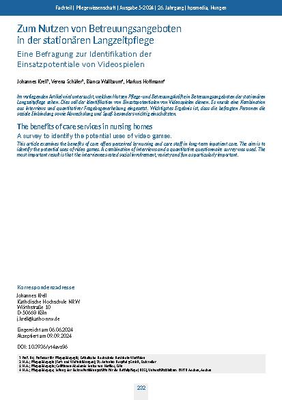 Zum Nutzen von Betreuungsangeboten in der stationären Langzeitpflege: Eine Befragung zur Identifikation der Einsatzpotenziale von Videospielen