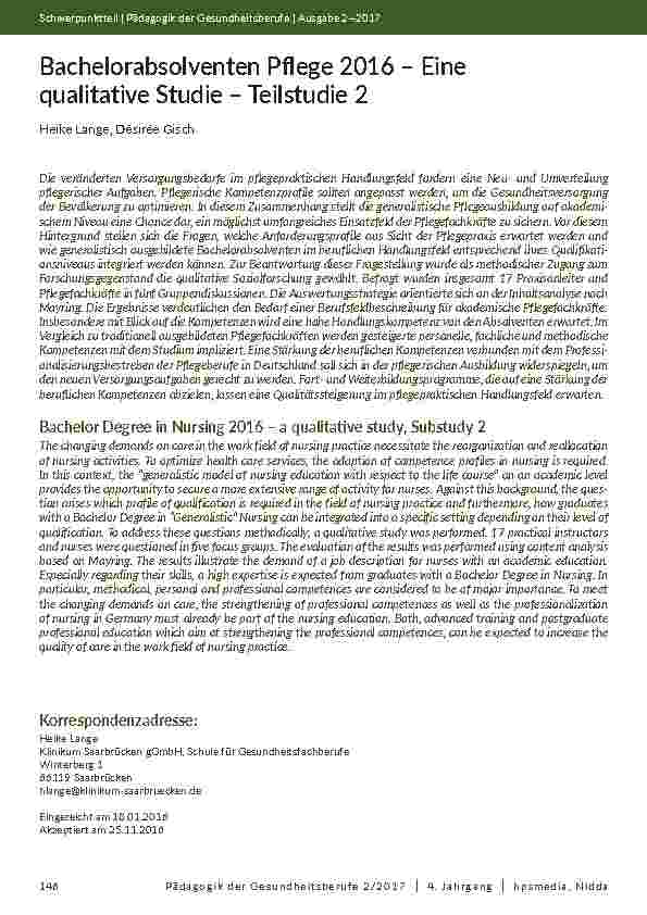 Bachelorabsolventen Pflege 2016 – Eine qualitative Studie, Teilstudie 2