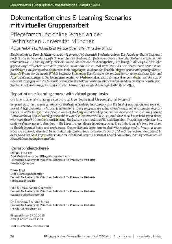 Dokumentation eines E-Learning-Szenarios mit virtueller Gruppenarbeit. Pflegeforschung online lernen an der Technischen Universität München