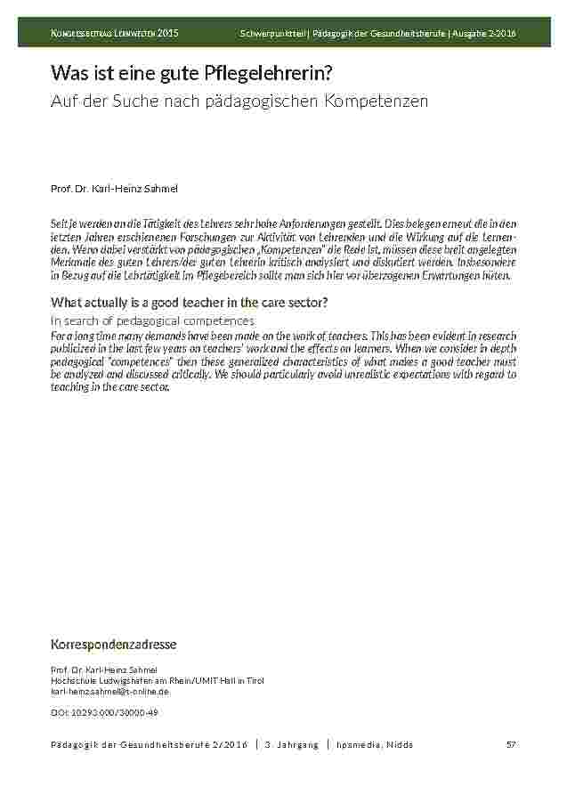 Was ist eine gute Pflegelehrerin? Auf der Suche nach pädagogischen Kompetenzen