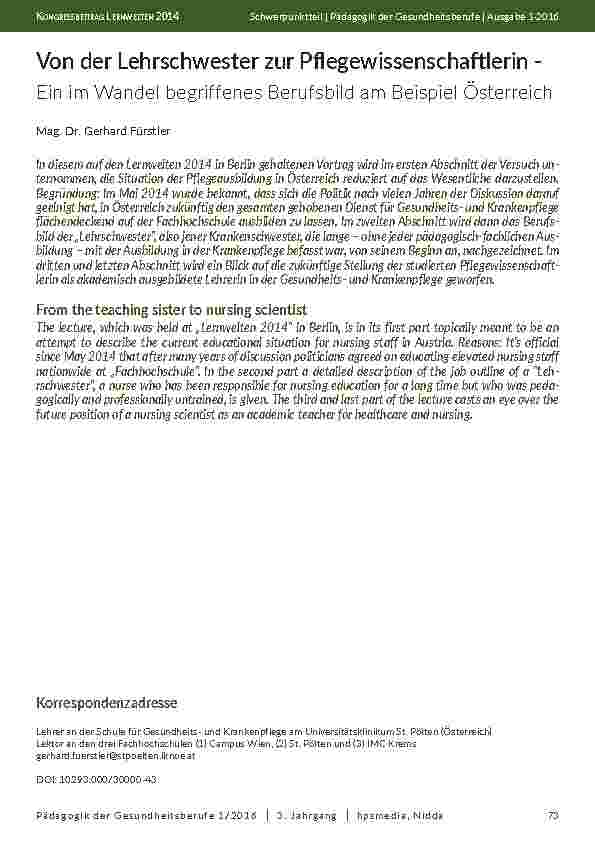 Von der Lehrschwester zur Pflegewissenschaftlerin - Ein im Wandel begriffenes Berufsbild am Beispiel Österreich