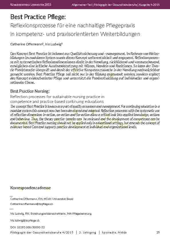Best Practice Pflege: Reflexionsprozesse für eine nachhaltige Pflegepraxis in kompetenzund praxisorientierten Weiterbildungen