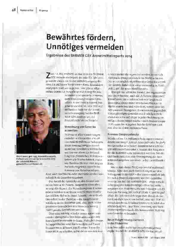 Bewährtes fördern, Unnötiges vermeiden - Ergebnisse des BARMER GEK Arzneimittelreports 2014