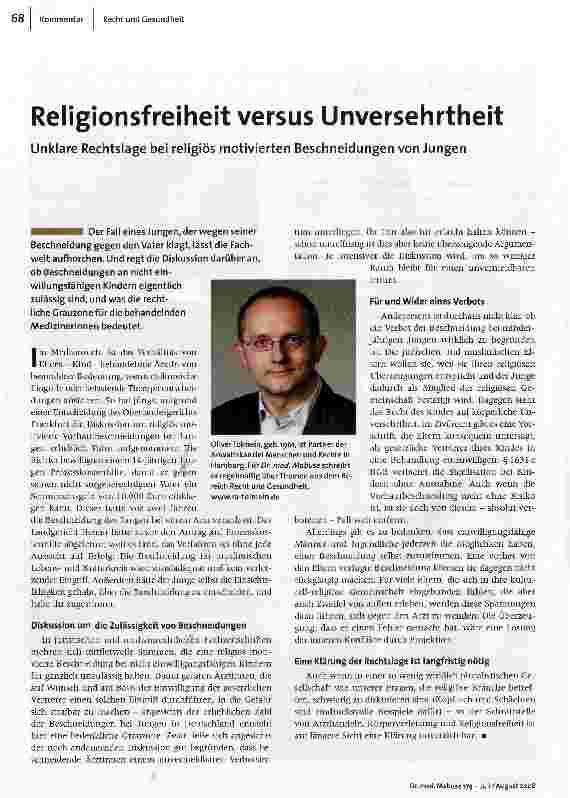 Religionsfreiheit versus UnversehrtheitUnklare Rechtslage bei religiös motivierten Beschneidungen von Jungen