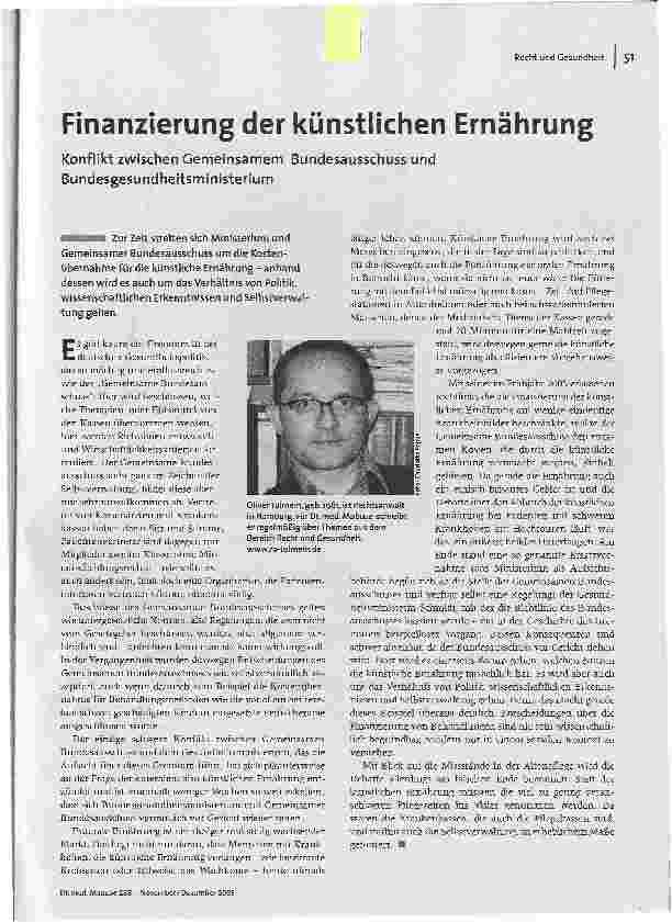 Finanzierung der künstlichen ErnährungKonflikt zwischen Gemeinsamem Bundesausschuss und Bundesgesundheitsministerium