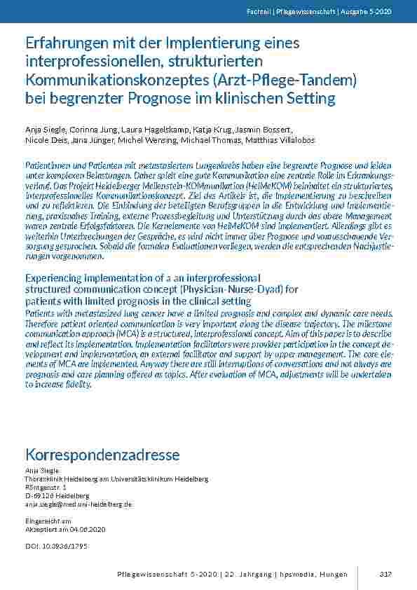 Erfahrungen mit der Implementierung eines interprofessionellen, strukturierten Kommunikationskonzeptes (Arzt-Pflege-Tandem) bei begrenzter Prognose im klinischen Setting