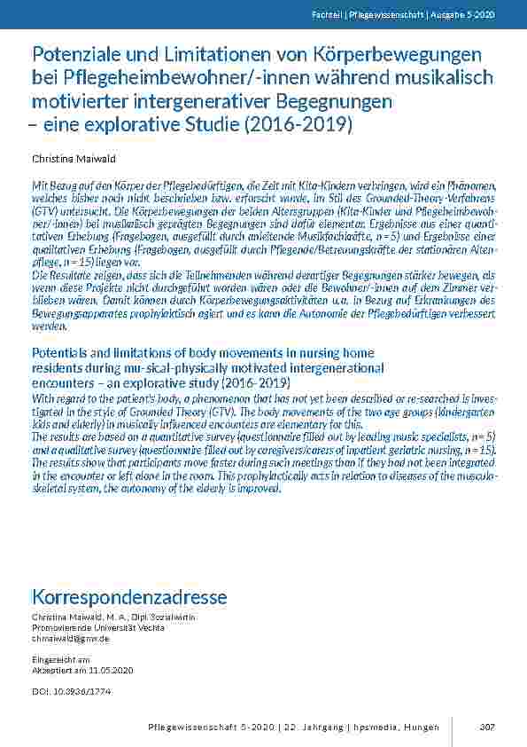 Potenziale und Limitationen von Körperbewegungen bei Pflegeheimbewohner/-innen während musikalisch motivierter intergenerativer Begegnungen – eine explorative Studie (2016-2019)
