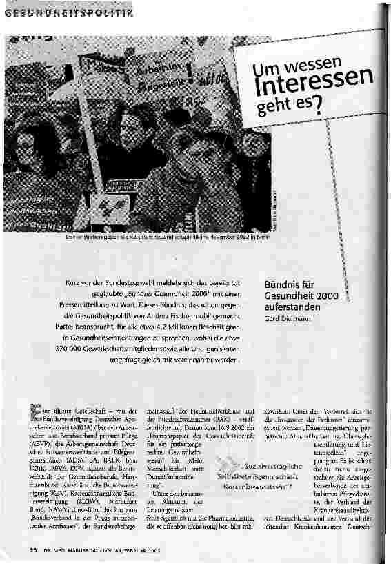 Um wessen Interessen geht es? Bündnis für Gesundheit 2000 auferstanden
