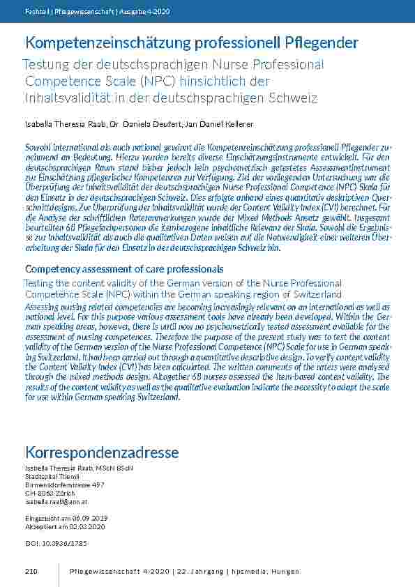 Kompetenzeinschätzung professionell Pflegender: Testung der deutschsprachigen Nurse Professional Competence Scale (NPC) hinsichtlich der Inhaltsvalidität in der deutschsprachigen Schweiz.