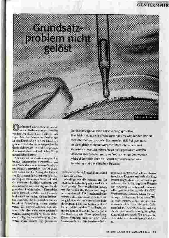 Grundsatzproblem nicht gelöst Forschung mit embryonalen Stammzellen