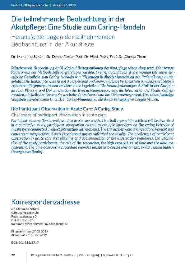 Die teilnehmende Beobachtung in der Akutpflege: Eine Studie zum Caring-Handeln. Herausforderungen der teilnehmenden Beobachtung in der Akutpflege.