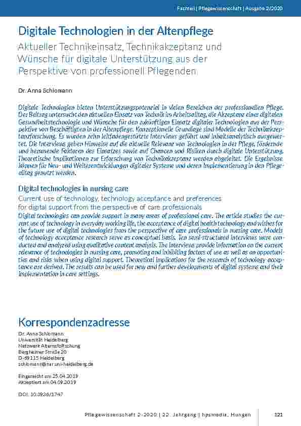 Digitale Technologien in der Altenpflege. Aktueller Technikeinsatz, Technikakzeptanz und Wünsche für digitale Unterstützung aus der Perspektive von professionell Pflegenden.