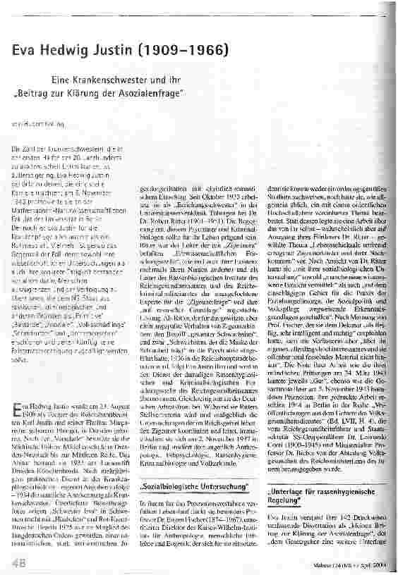 Eva Hedwig Justin (1909 - 1966) Eine Krankenschwester und ihr Beitrag zur Klärung der Asozialenfrage