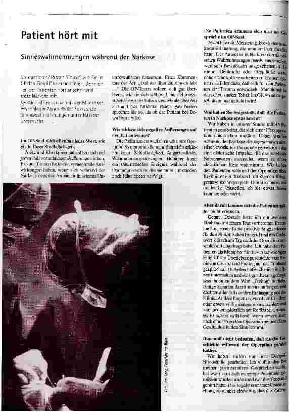 Patient hört mit Sinneswahrnehmung während der Narkose