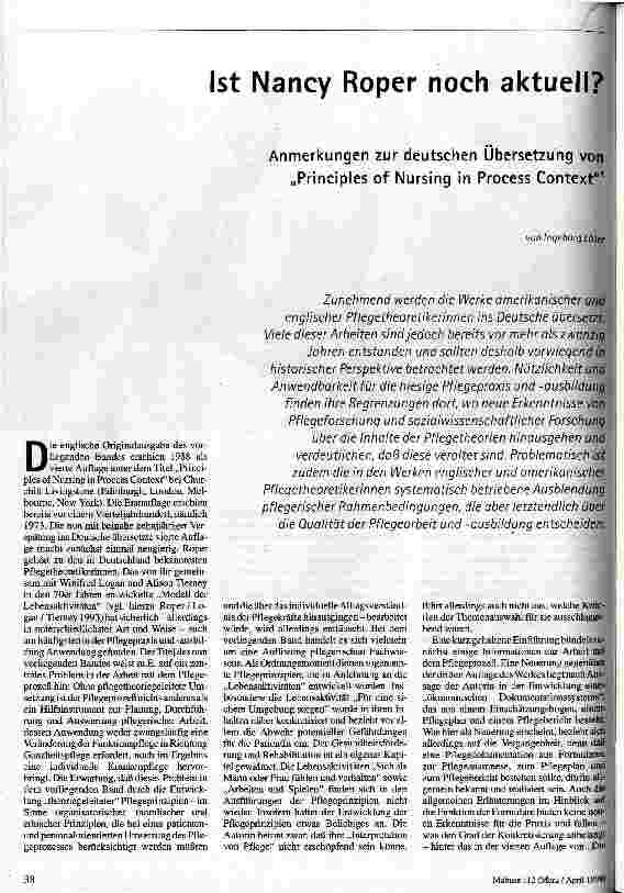 Ist Nancy Roper noch aktuell? Anmerkung zur Übersetzung von Priciples of Nursing in Process Context