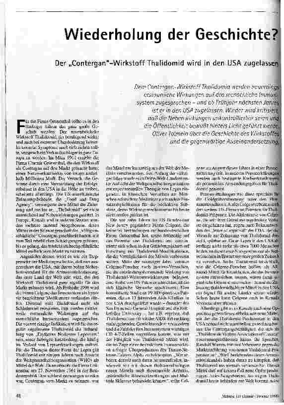 Wiederholung der Geschichte? Der Contergan-Wirkstoff Thalidomid wird in den USA zugelassen