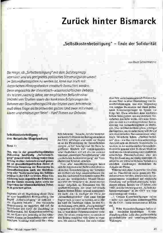 Zurück hinter Bismarck Selbskostenbeteiligung - Ende der Solidarität