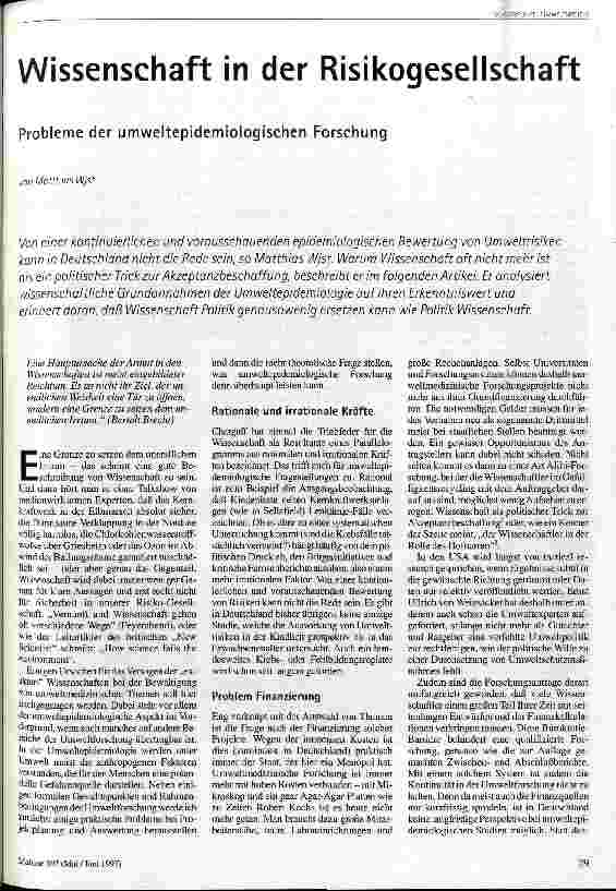 Wissenschaft in der Risikogesellschaft Probleme der umweltepidemiologischen Forschung