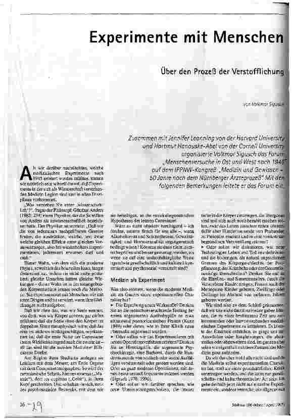 Experimente mit Menschen Über den Prozeß der Verstofflichung