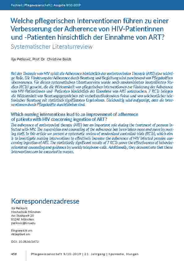 Welche pflegerischen Interventionen führen zu einer Verbesserung der Adherence von HIV-Patientinnen und -Patienten hinsichtlich der Einnahme von ART?