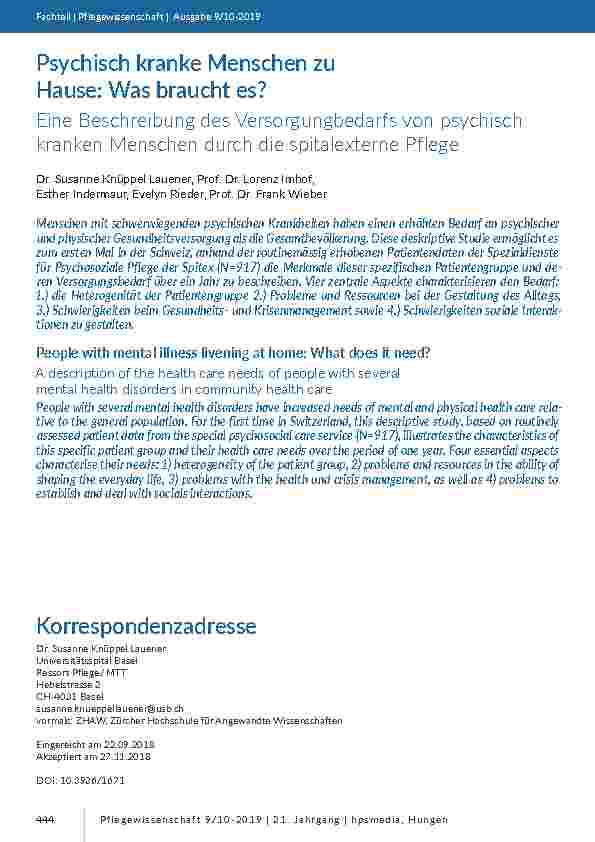 Psychisch kranke Menschen zu Hause: Was braucht es? Eine Beschreibung des Versorgungbedarfs von psychisch kranken Menschen durch die spitalexterne Pflege