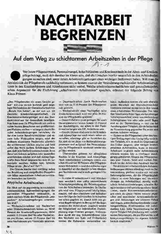 Nachtarbeit begrenzen Auf dem Weg zu schichtarmen Arbeitszeiten in der Pflege