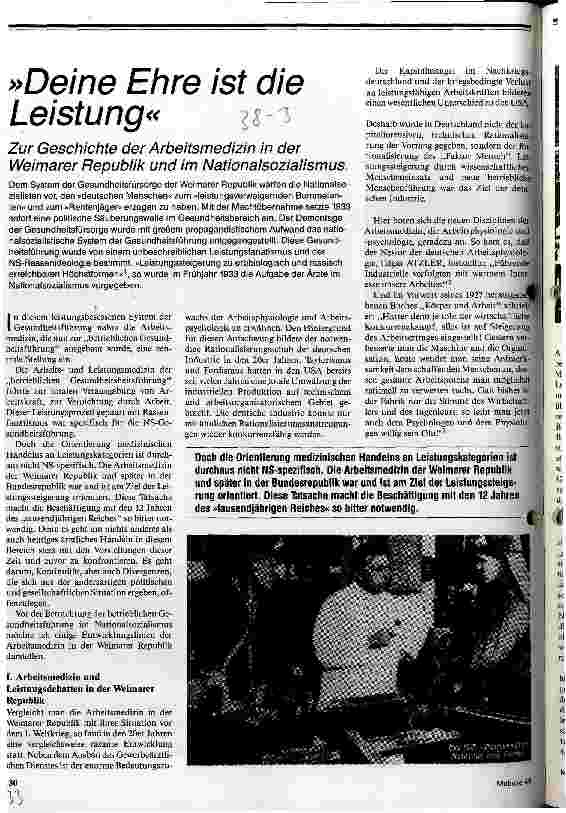 Deine Ehre ist die Leistung /// Zur Geschichte der Arbeitsmedizin in der Weimarer Republik und im Nazionalsozialismus
