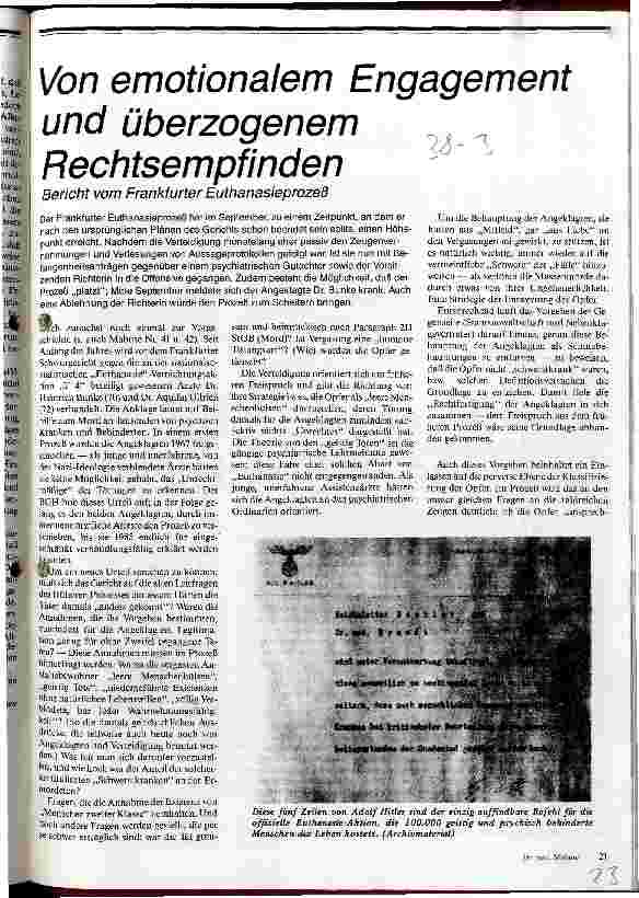 Vom emotionalem Engagement und überzogenem Rechtsempfinden Bericht vom Frankfurter Euthanasieprozeß