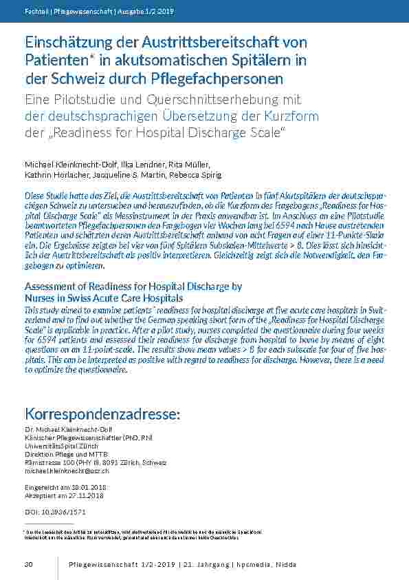 Einschätzung der Austrittsbereitschaft von Patienten in akutsomatischen Spitälern in der Schweiz durch Pflegefachpersonen. Eine Pilotstudie und Querschnittserhebung mit der deutschsprachigen Übersetzung der Kurzform der „Readiness for Hospital Discharge Scale“