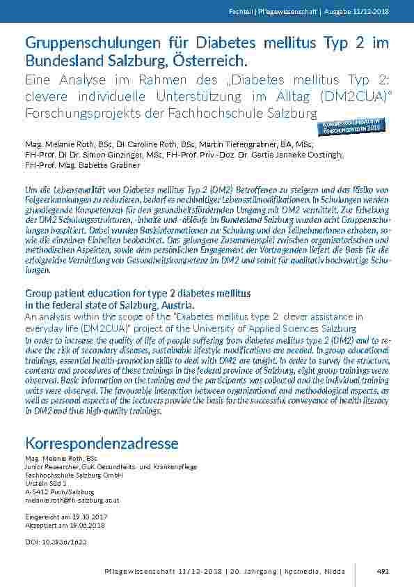 Gruppenschulungen für Diabetes mellitus Typ 2 im Bundesland Salzburg, Österreich. Eine Analyse im Rahmen des „Diabetes mellitus Typ 2: clevere individuelle Unterstützung im Alltag (DM2CUA)“ Forschungsprojekts der Fachhochschule Salzburg