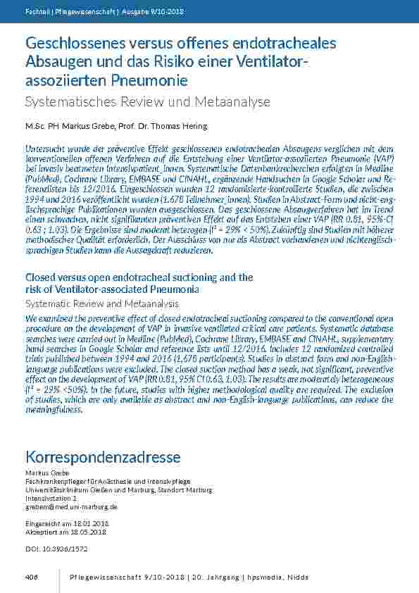 Geschlossenes versus offenes endotracheales Absaugen und das Risiko einer Ventilator-assoziierten Pneumonie. Systematisches Review und Metaanalyse