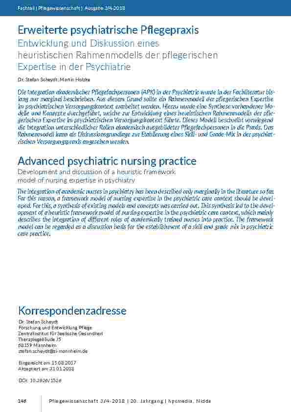 Erweiterte psychiatrische Pflegepraxis. Entwicklung und Diskussion eines heuristischen Rahmenmodells der pflegerischen Expertise in der Psychiatrie