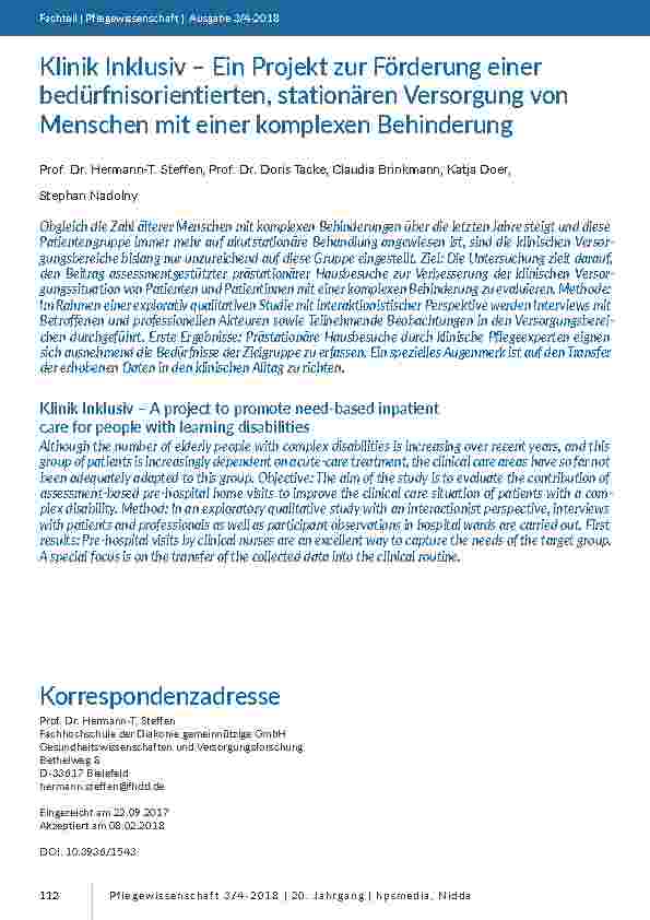 Klinik Inklusiv – Ein Projekt zur Förderung einer bedürfnisorientierten, stationären Versorgung von Menschen mit einer komplexen Behinderung