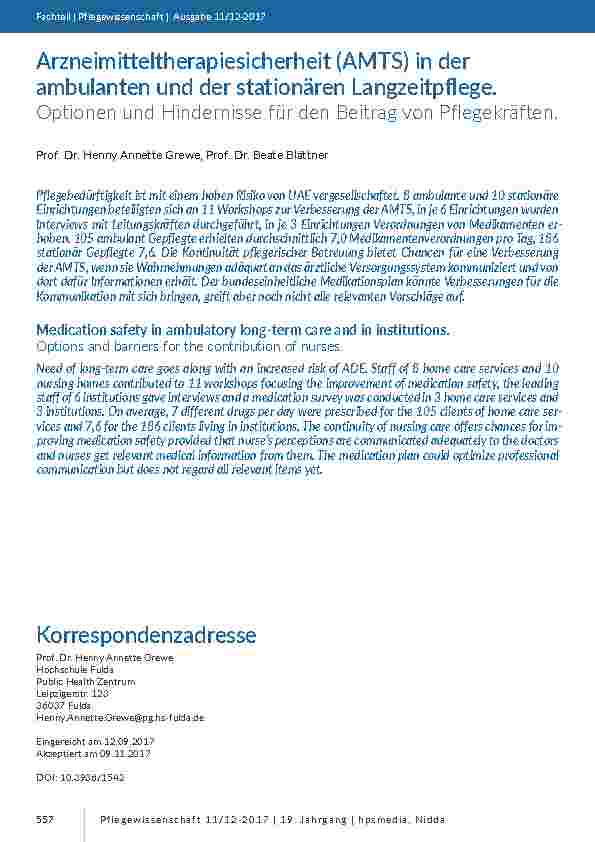 Arzneimitteltherapiesicherheit (AMTS) in der ambulanten und der stationären Langzeitpflege. Optionen und Hindernisse für den Beitrag von Pflegekräften.