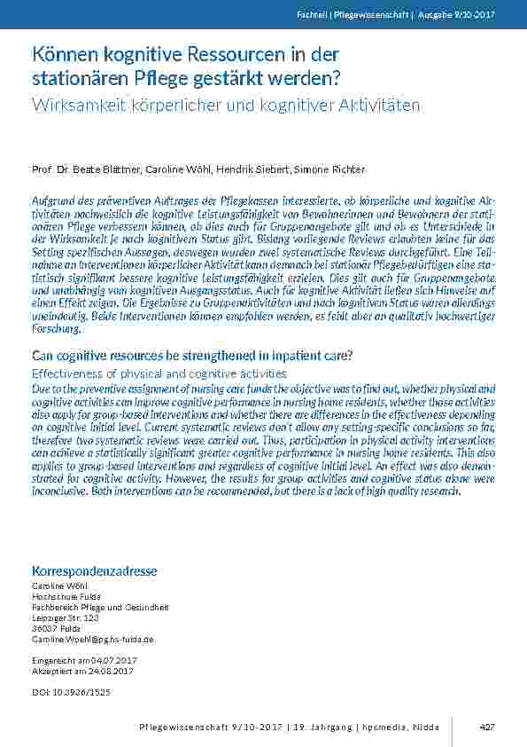 Können kognitive Ressourcen in der stationären Pflege gestärkt werden? Wirksamkeit körperlicher und kognitiver Aktivitäten