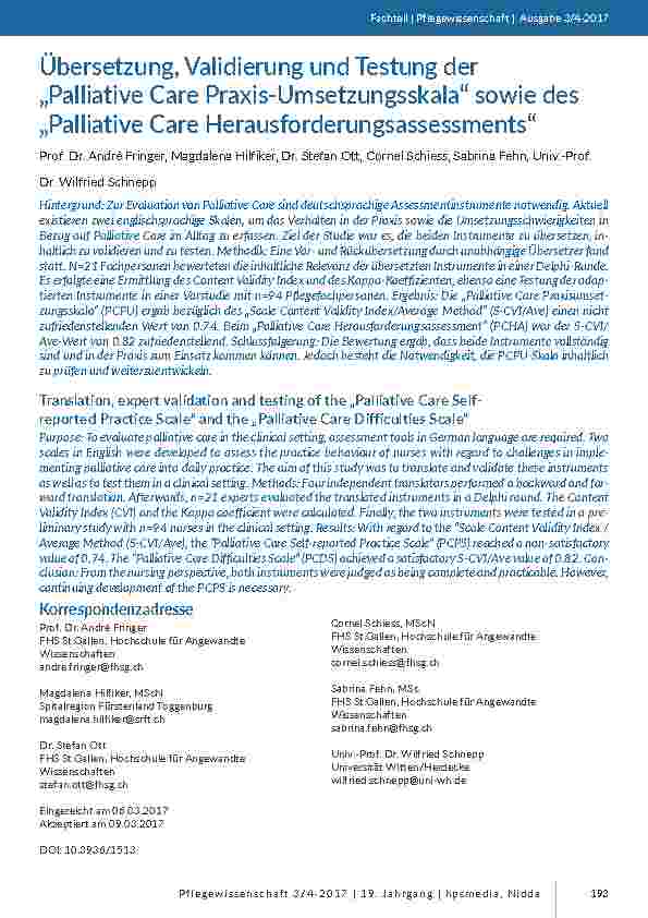 Übersetzung, Validierung und Testung der „Palliative Care Praxis-Umsetzungsskala“ sowie des „Palliative Care Herausforderungsassessments“