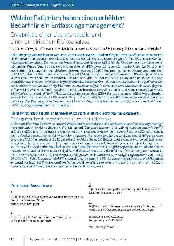 Welche Patienten haben einen erhöhten Bedarf für ein Entlassungsmanagement? Ergebnisse einer Literaturstudie und einer empirischen Risikoanalyse