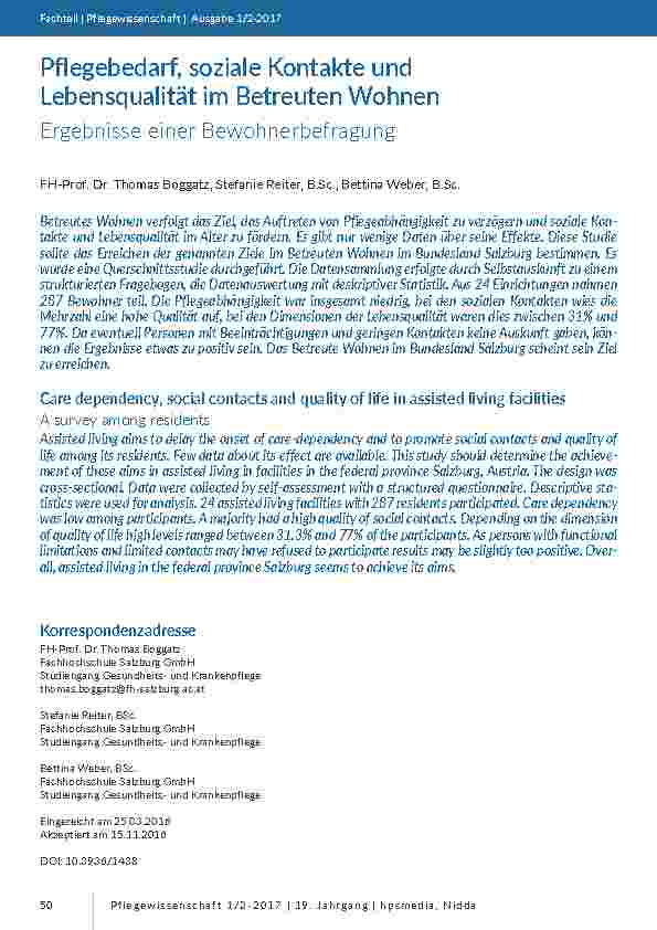 Pflegebedarf, soziale Kontakte und Lebensqualität im Betreuten Wohnen. Ergebnisse einer Bewohnerbefragung