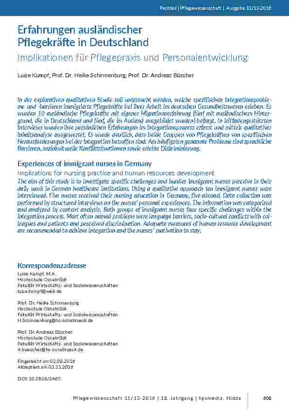 Erfahrungen ausländischer Pflegekräfte in Deutschland. Implikationen für Pflegepraxis und Personalentwicklung