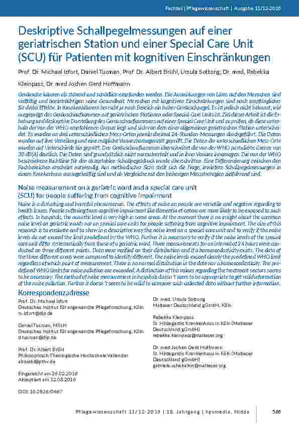 Deskriptive Schallpegelmessungen auf einer geriatrischen Station und einer Special Care Unit (SCU) für Patienten mit kognitiven Einschränkungen