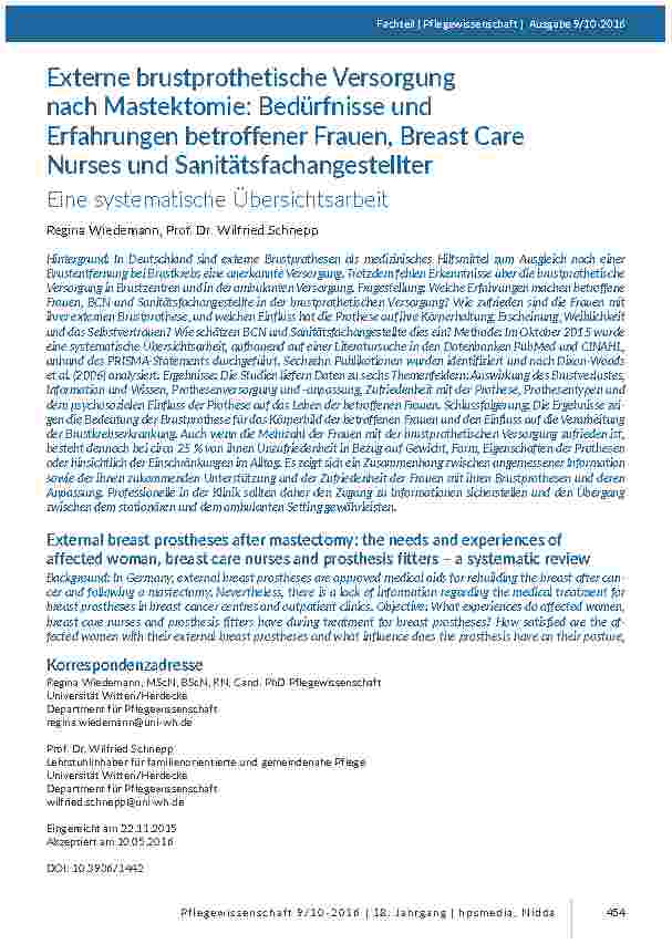 Externe brustprothetische Versorgung nach Mastektomie: Bedürfnisse und Erfahrungen betroffener Frauen, Breast Care Nurses und Sanitätsfachangestellter