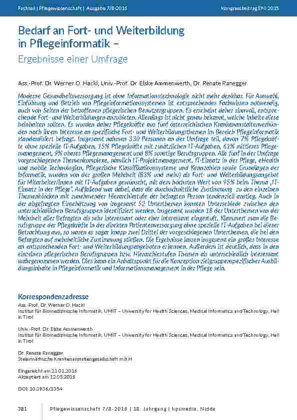 Bedarf an Fortund Weiterbildung in Pflegeinformatik – Ergebnisse einer Umfrage