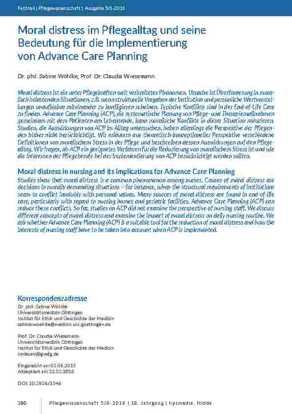 Moral distress im Pflegealltag und seine Bedeutung für die Implementierung von Advance Care Planning